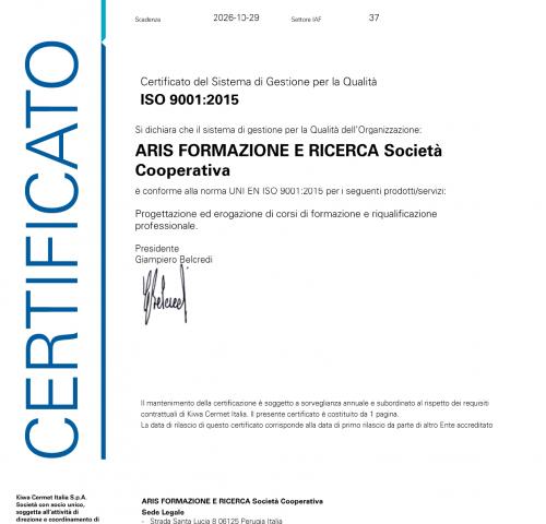 ARIS, RINNOVATA LA CERTIFICAZIONE ISO 9001:2015
